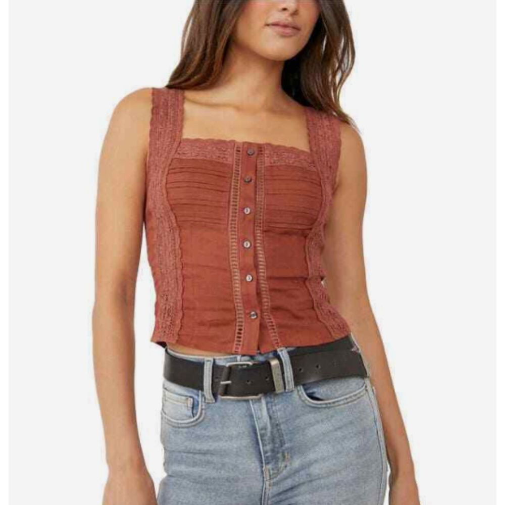 New Free People Brown Boho Maggie Lace Tank Blouse Top Shirt Small FLAW